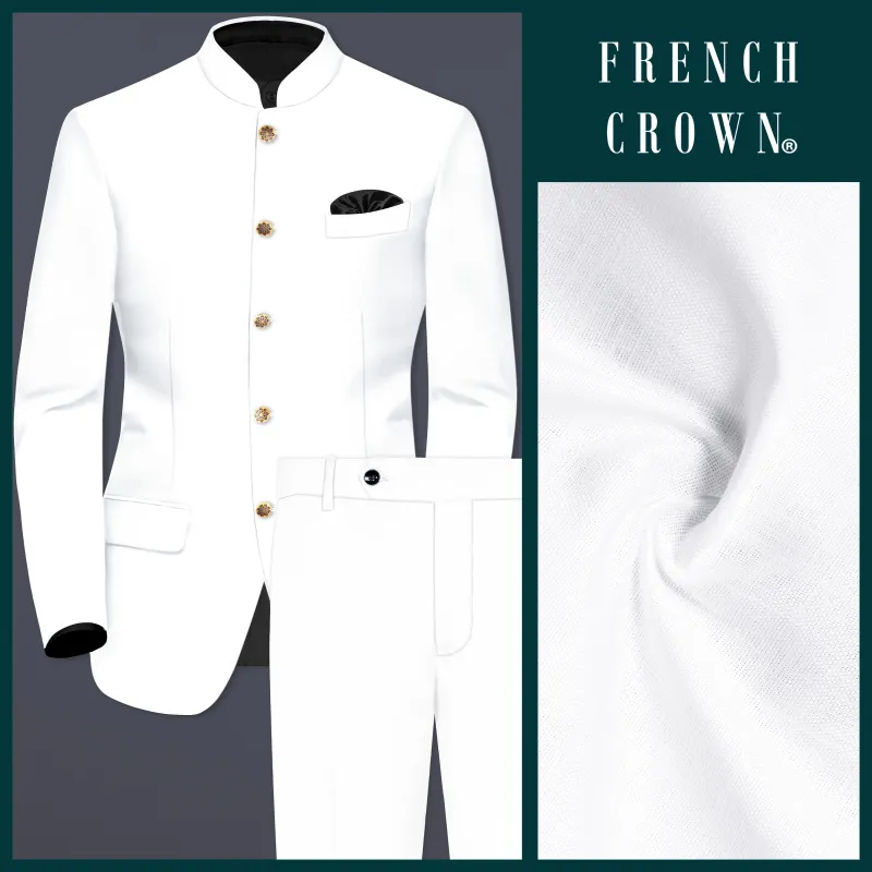BRIGHT WHITE LUXURIOUS LINEN BANDHGALA/MANDARIN PERFORMANCE SUIT sold by French Crown
