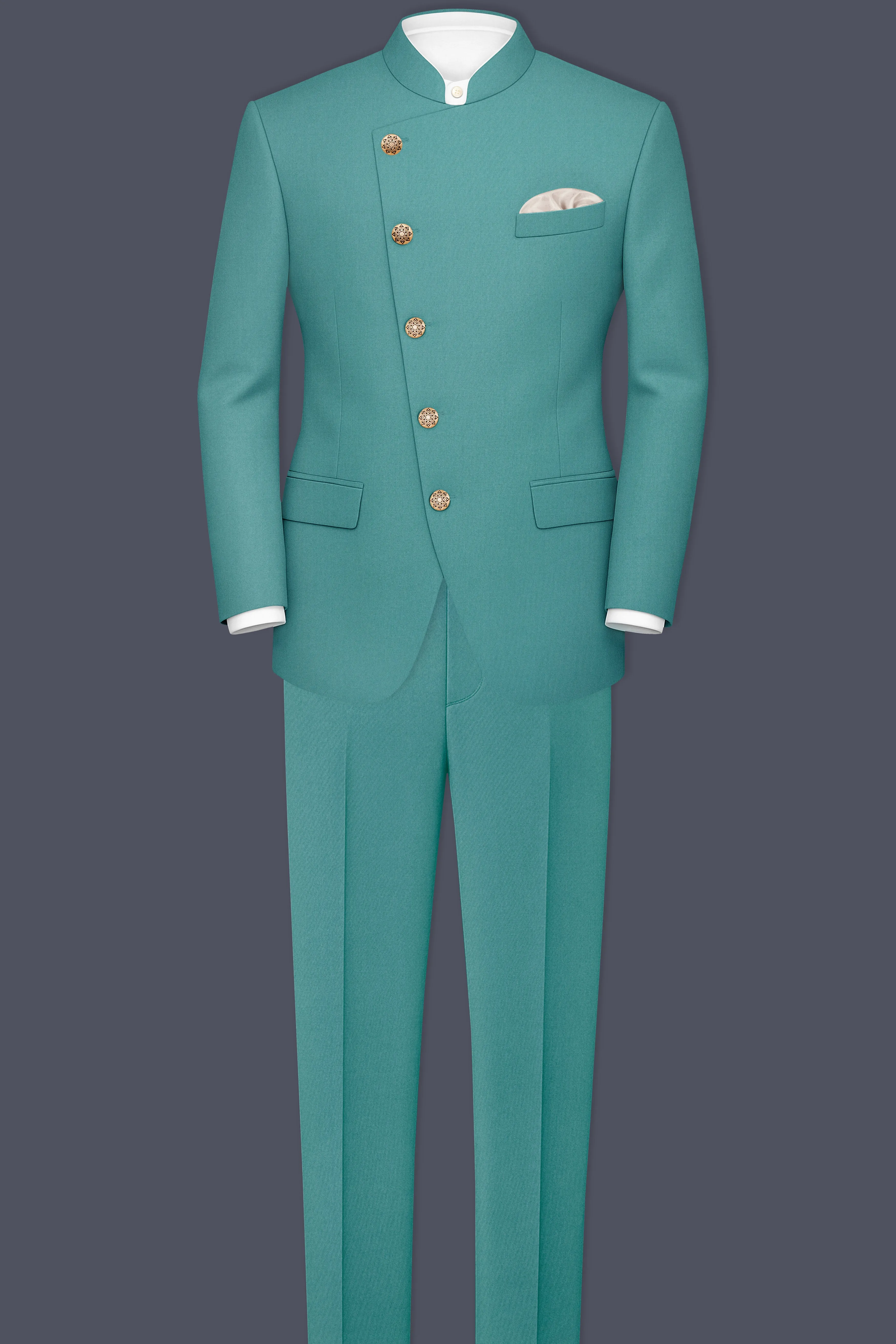 Travirid-Gothic Green Wool Rich Cross Placket Bandhgala Slight Stretch Suit sold by French Crown product image thumbnail 4