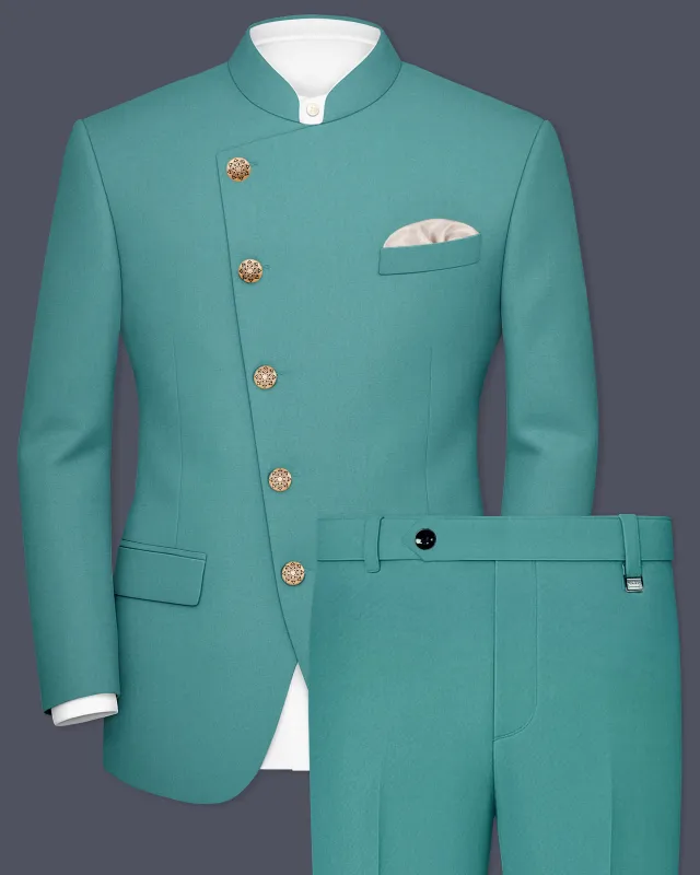 Travirid-Gothic Green Wool Rich Cross Placket Bandhgala Slight Stretch Suit sold by French Crown