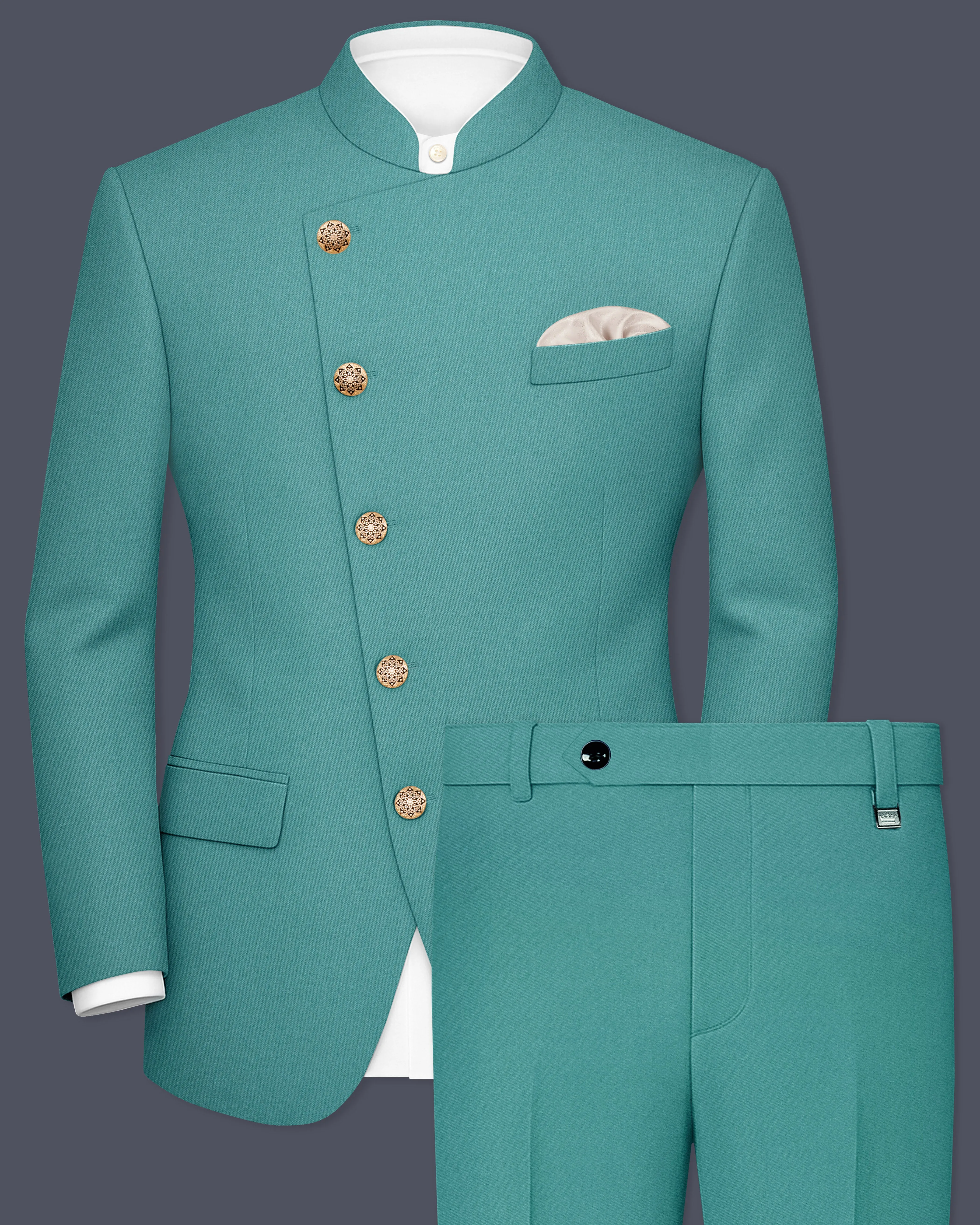 Travirid-Gothic Green Wool Rich Cross Placket Bandhgala Slight Stretch Suit sold by French Crown
