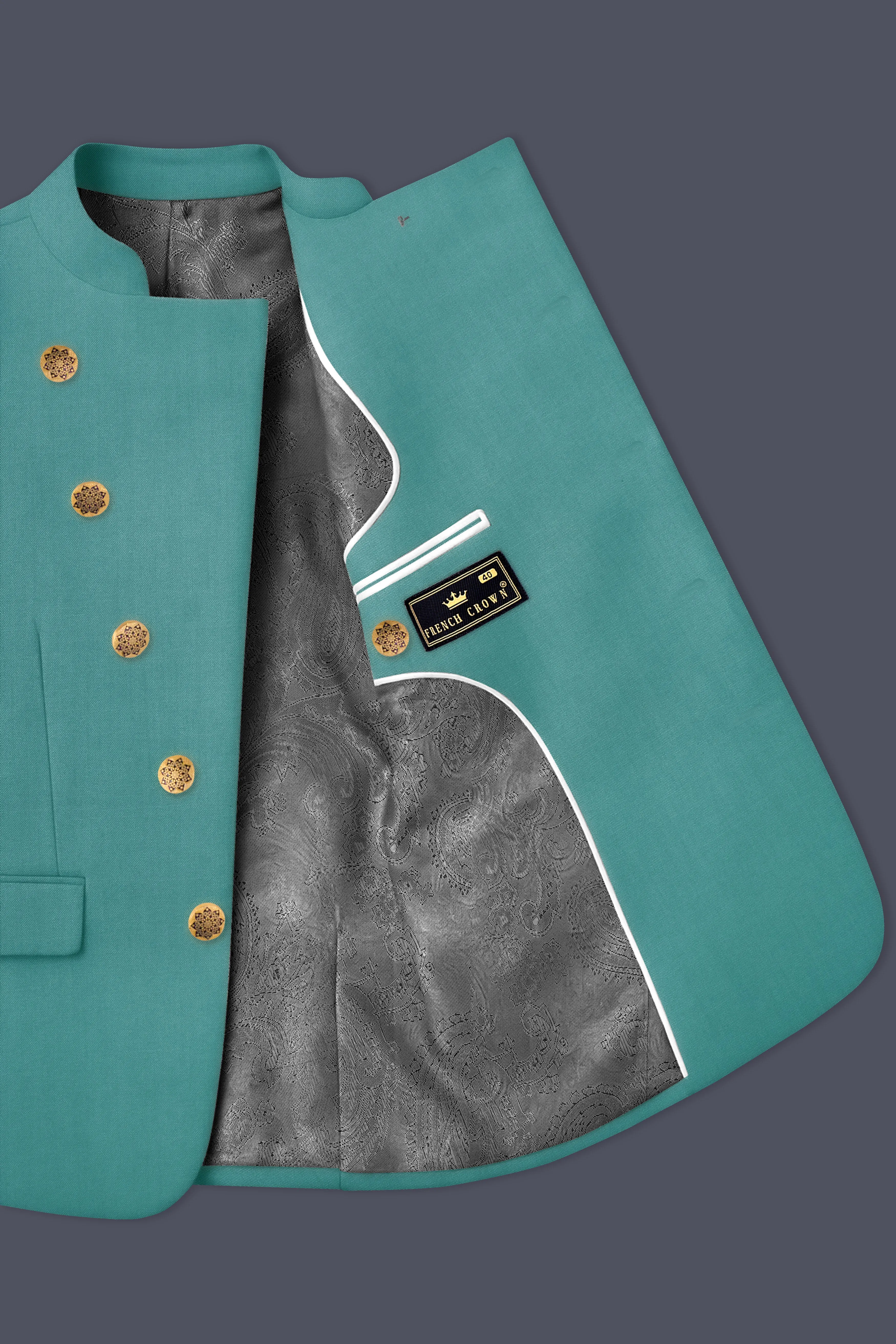 Travirid-Gothic Green Wool Rich Cross Placket Bandhgala Slight Stretch Suit sold by French Crown product image thumbnail 5