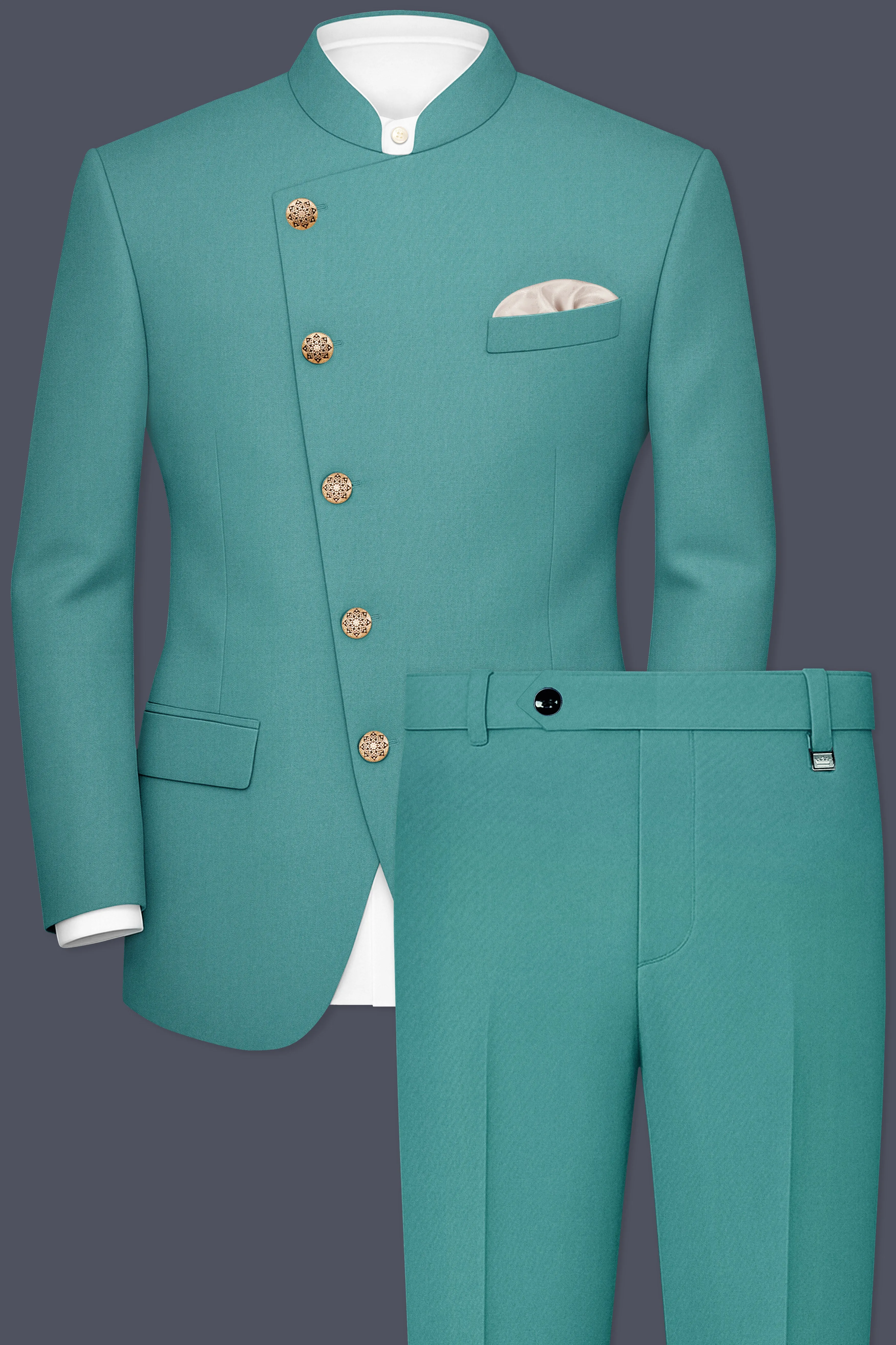 Travirid-Gothic Green Wool Rich Cross Placket Bandhgala Slight Stretch Suit sold by French Crown product image thumbnail 2