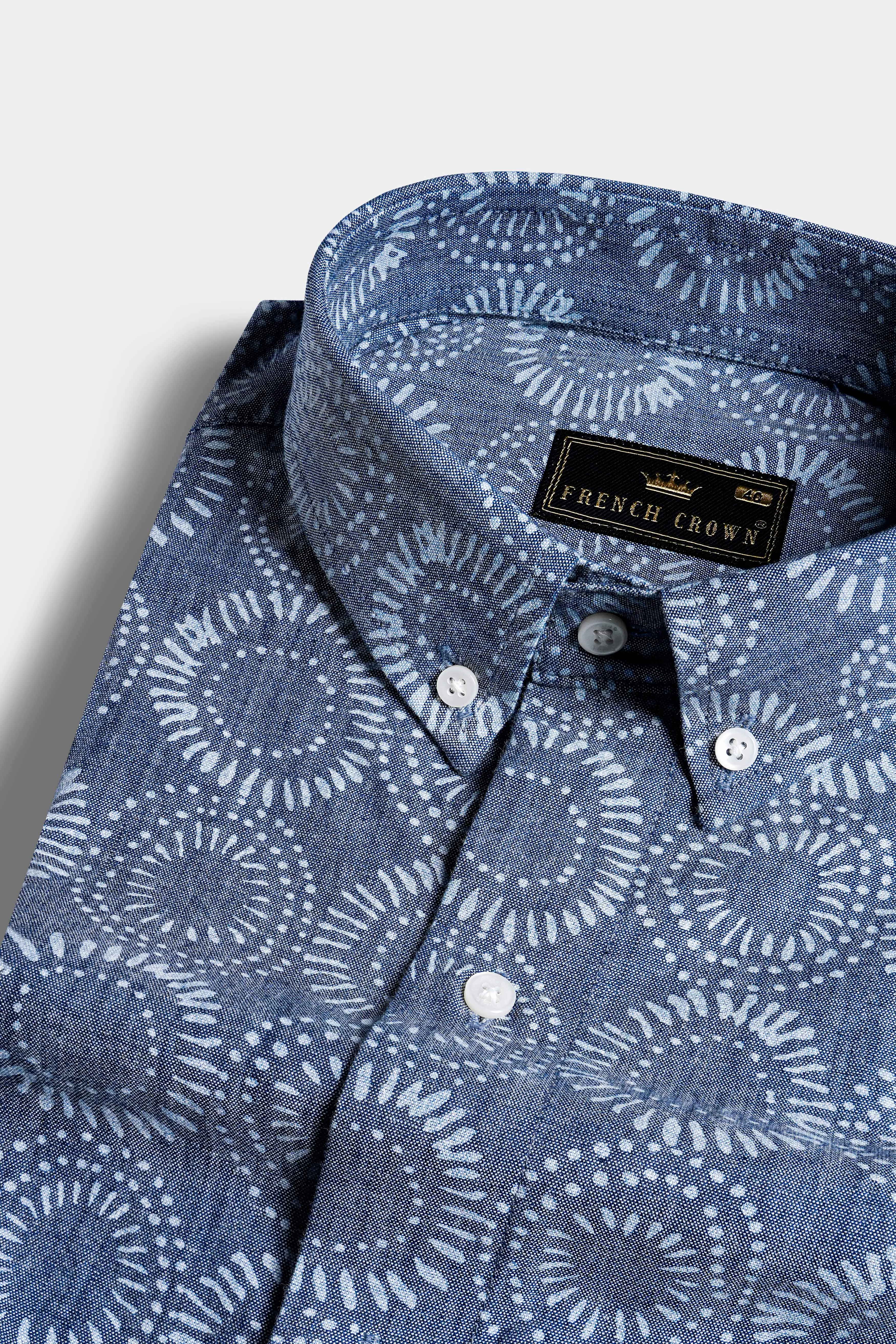 Fiord Blue and White Batik Printed Denim Shirt sold by French Crown