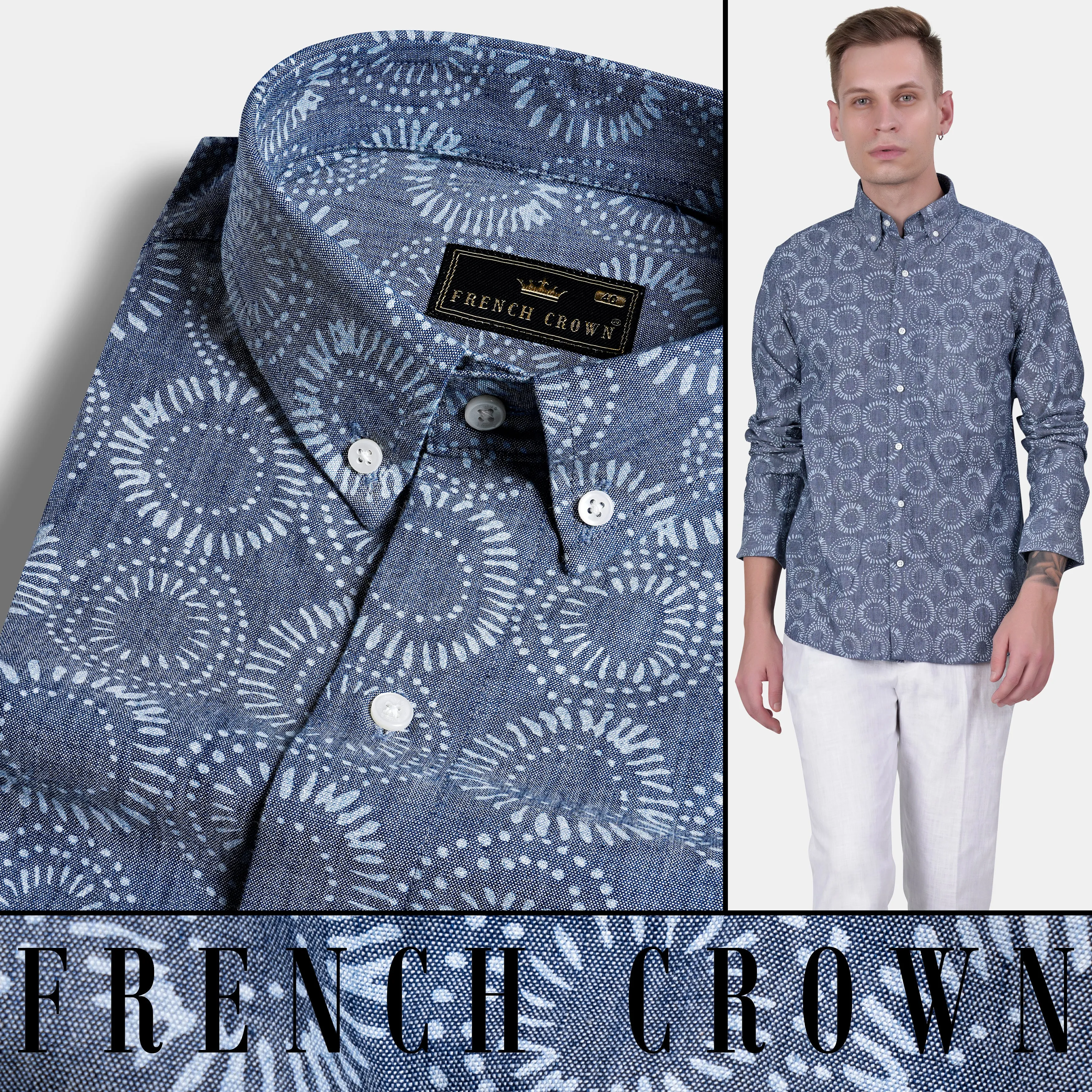 Fiord Blue and White Batik Printed Denim Shirt sold by French Crown product image thumbnail 4