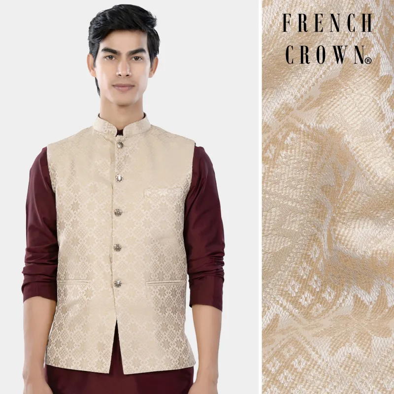 Merino and Almond Cream Geometric Jacquard Textured Designer Nehru Jacket sold by French Crown