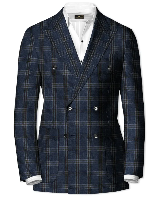 Licorice Blue Plaid heavyweight tweed Wool Rich Double Breasted Blazer sold by French Crown