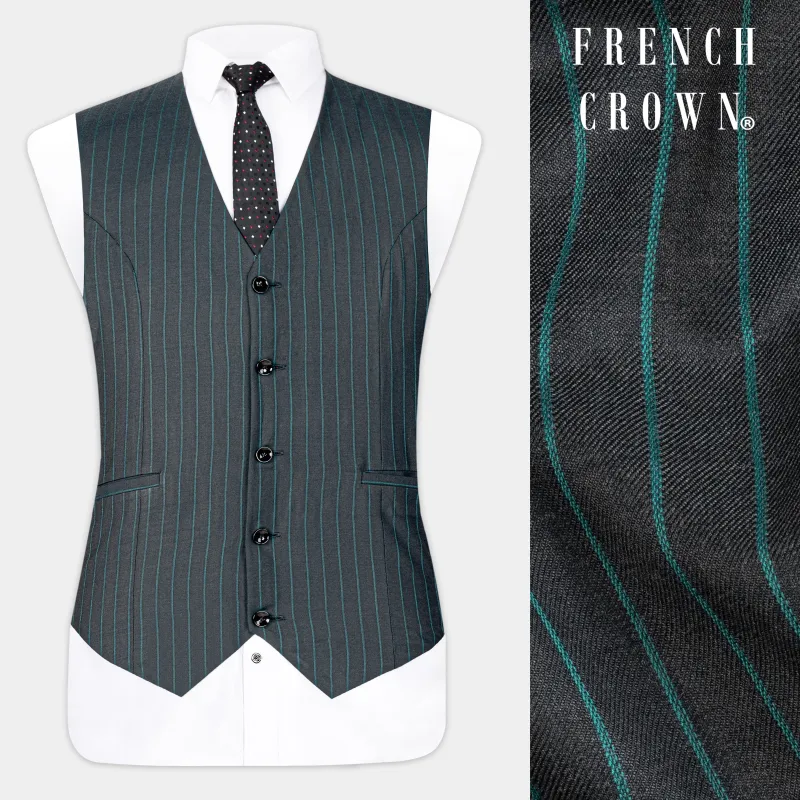 Gravel Gray and Lagoon Blue Striped Wool Rich Waistcoat sold by French Crown