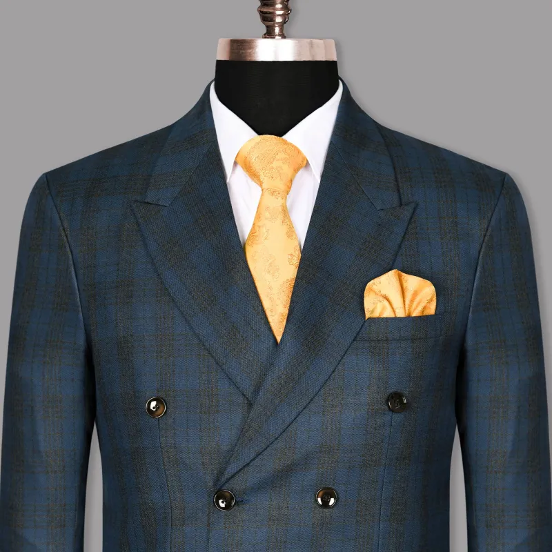 Charcoal with Blue Plaid Wool Rich Double Breasted Blazer sold by French Crown