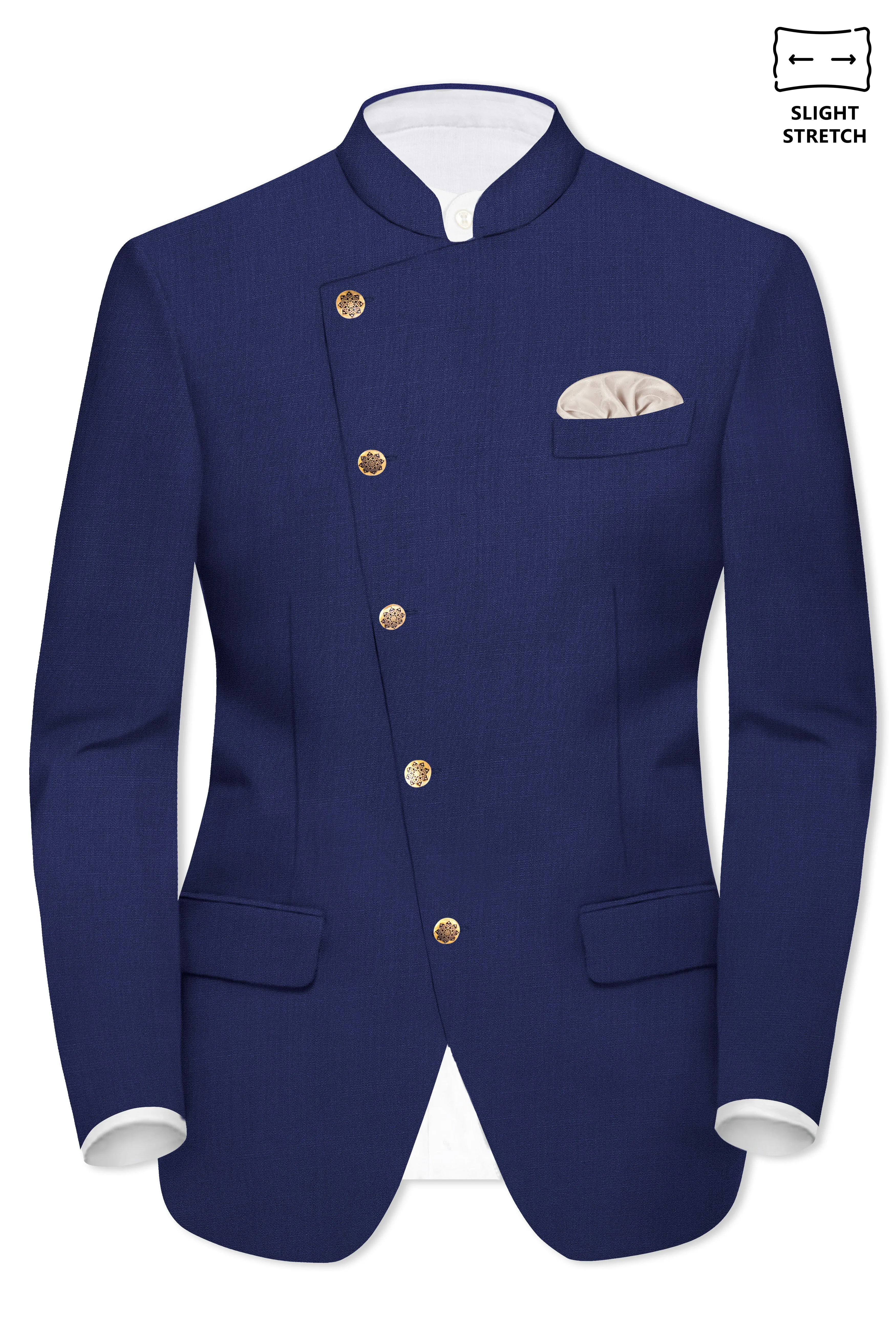 Celestia- Blue Solid Wool Rich Cross Placket Bandhgala Slight Stretch Blazer sold by French Crown product image thumbnail 2