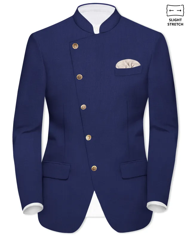 Celestia- Blue Solid Wool Rich Cross Placket Bandhgala Slight Stretch Blazer sold by French Crown