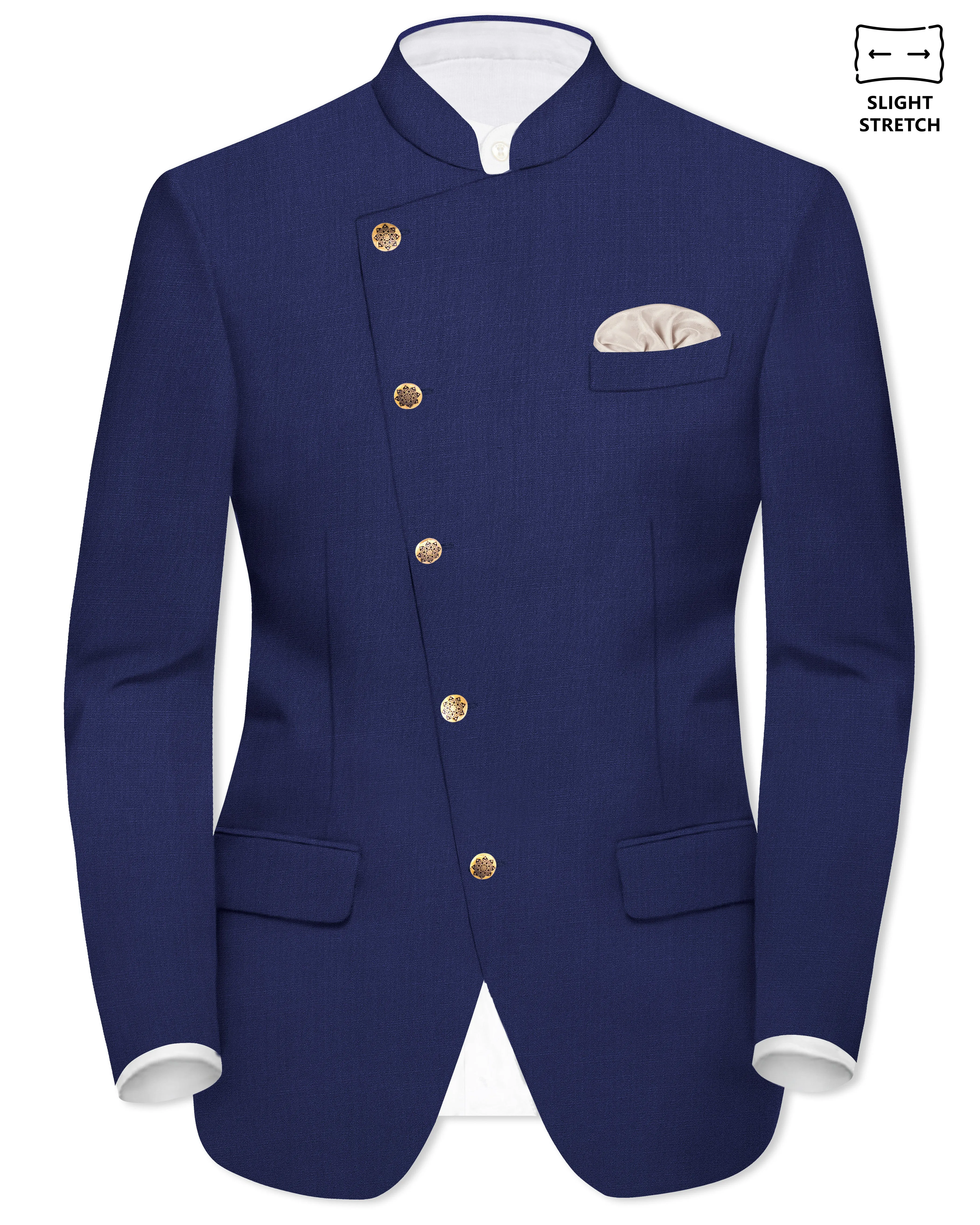 Celestia- Blue Solid Wool Rich Cross Placket Bandhgala Slight Stretch Blazer sold by French Crown