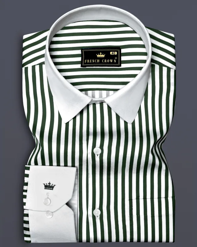 Veralux-Everglade Green And Bright White Striped Super Soft Premium Cotton Dress White Cuff Collar Shirt sold by French Crown