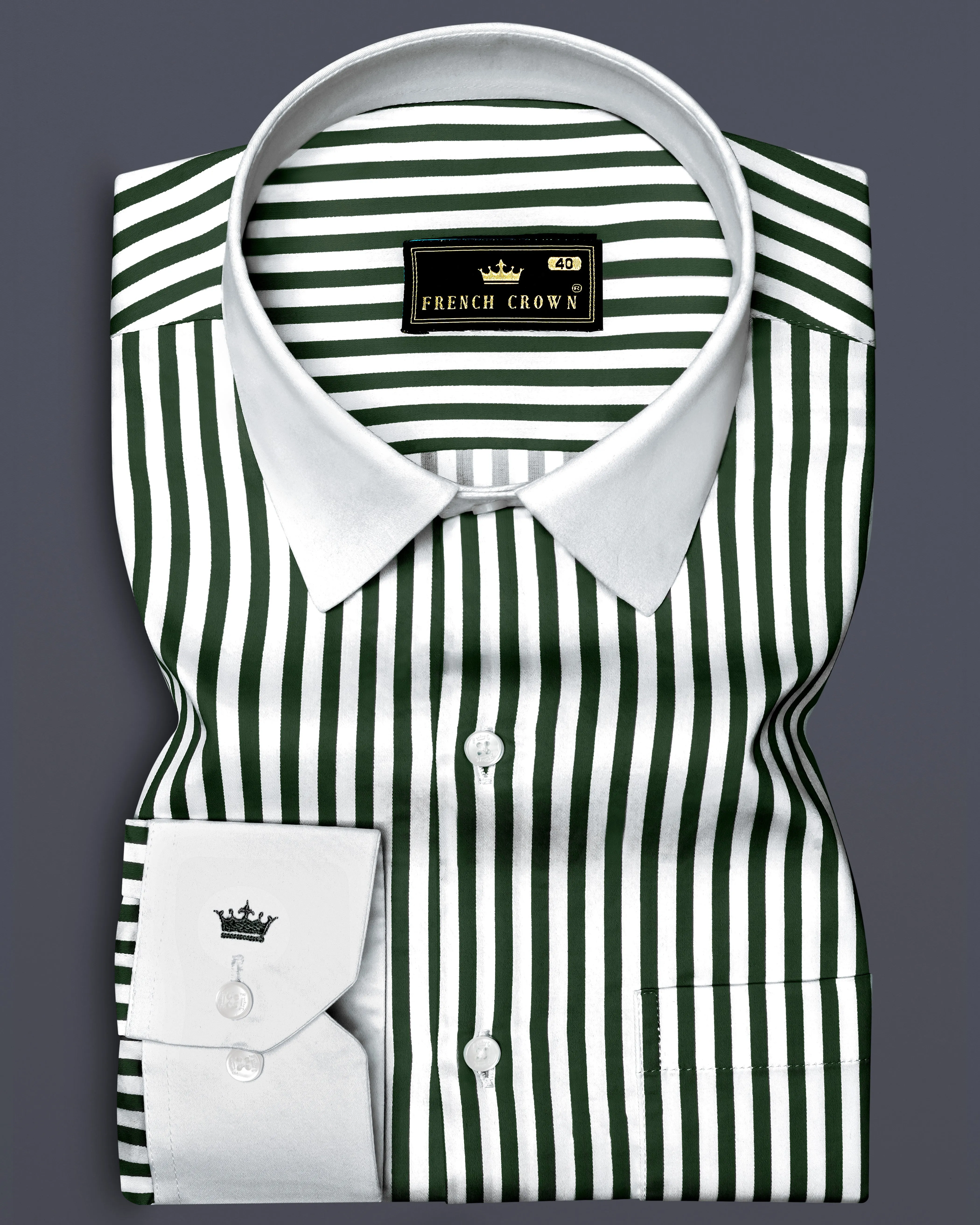 Veralux-Everglade Green And Bright White Striped Super Soft Premium Cotton Dress White Cuff Collar Shirt sold by French Crown