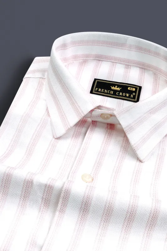 Bright White with Thistle Pink Striped Dobby Textured Premium Cotton Shirt sold by French Crown