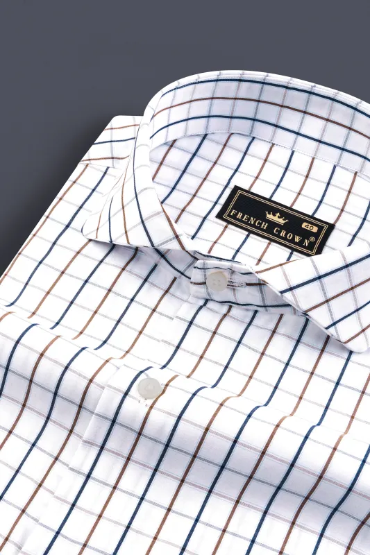 Bright White with Tealish Blue and Ironstone Brown Windowpane Giza Cotton Shirt sold by French Crown