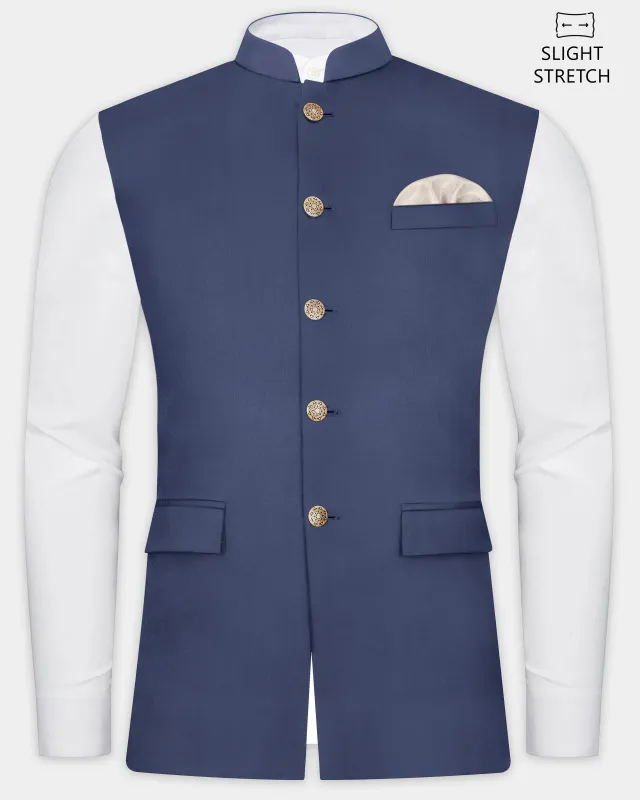 Sapphire-Glaucous Blue Solid Wool Rich Slight Stretch Nehru Jacket sold by French Crown
