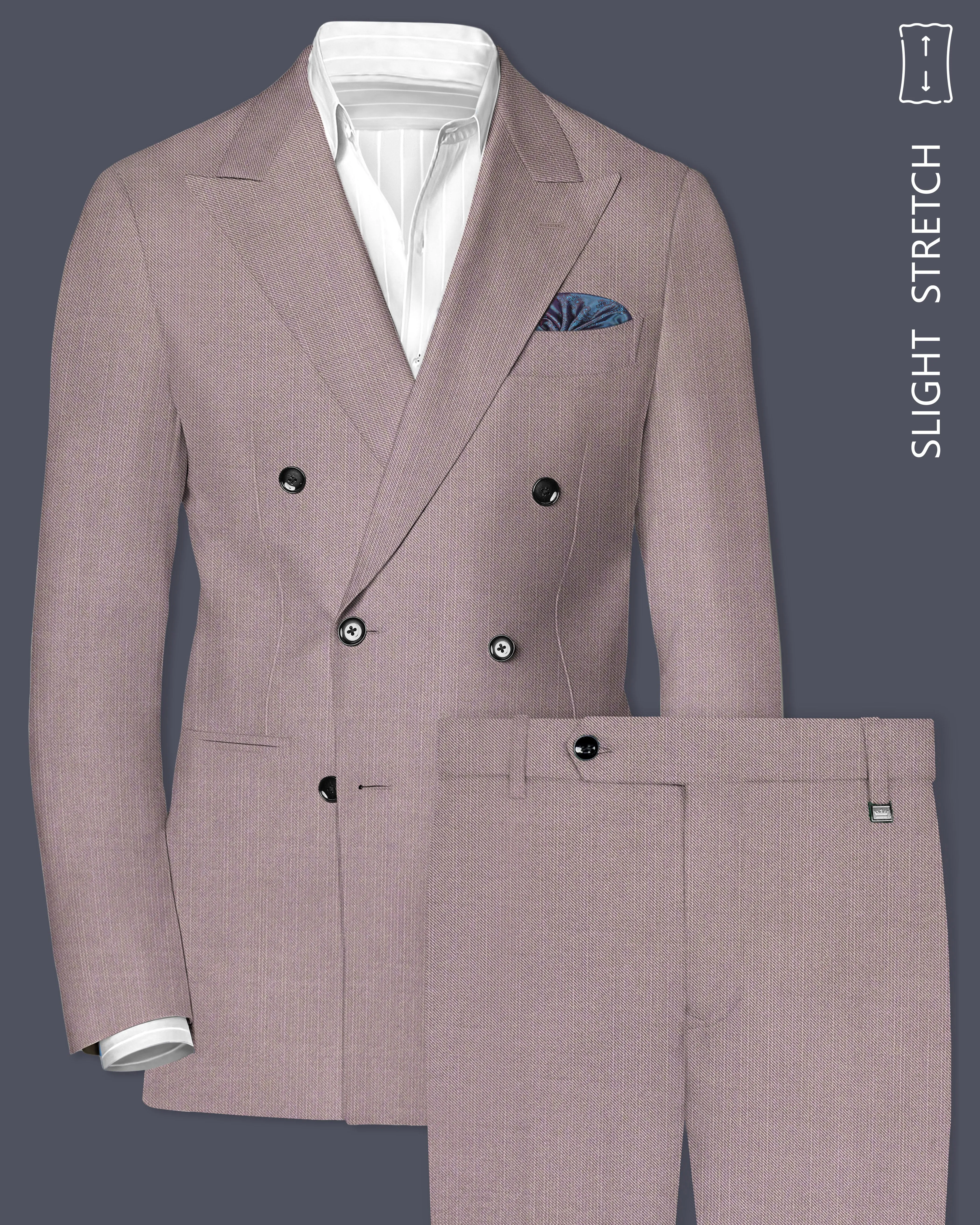 Amour-Rose Quartz Pink Solid Wool Rich Double Breasted Slight Stretch Suit sold by French Crown