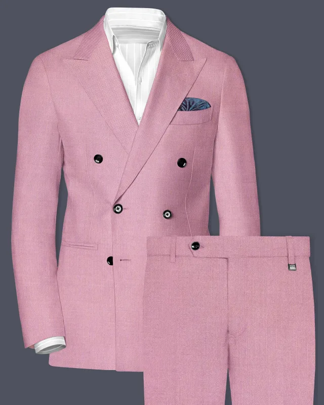 Viola Pink Solid Wool Rich Double Breasted Slight Stretch Suit sold by French Crown