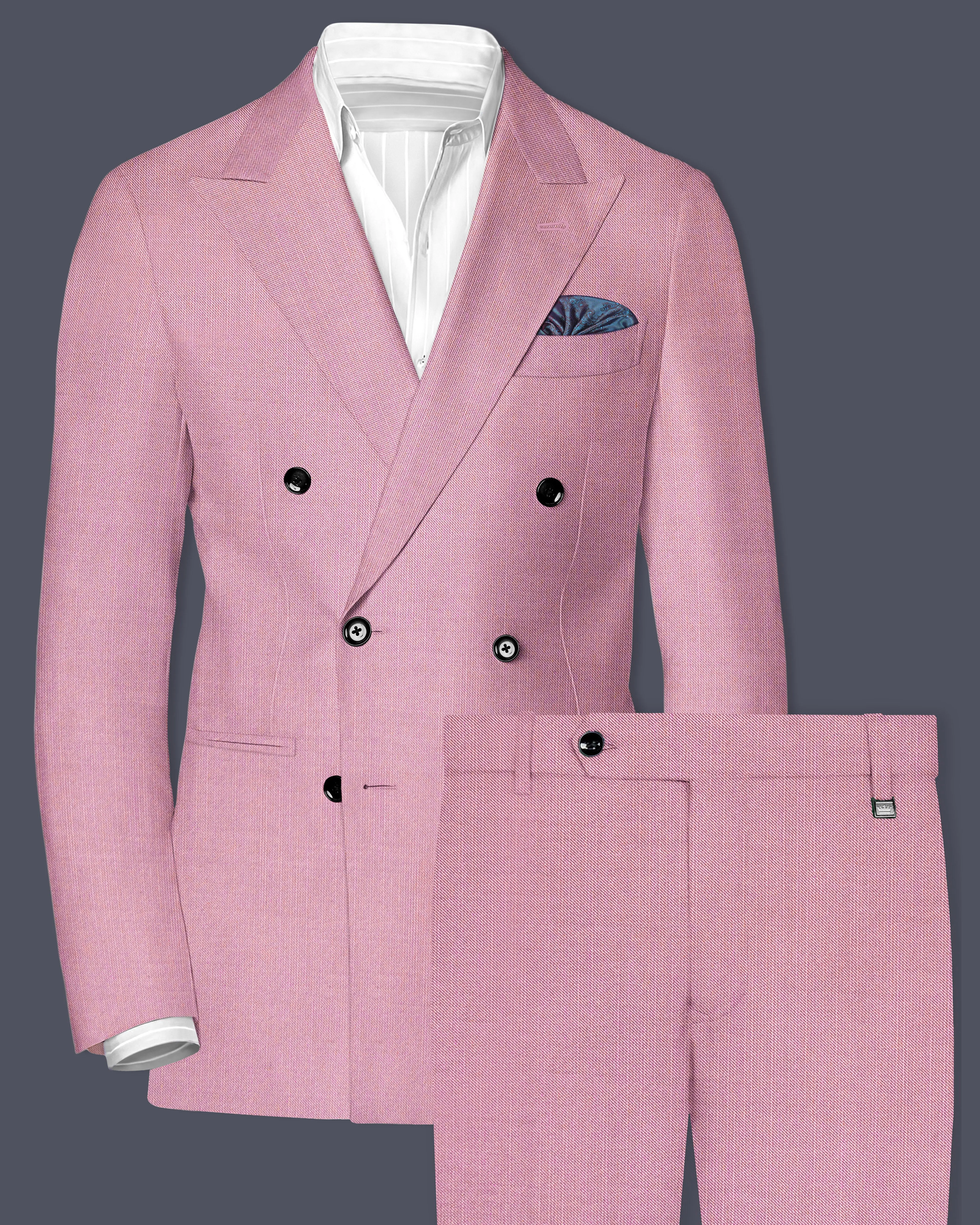 Viola Pink Solid Wool Rich Double Breasted Slight Stretch Suit sold by French Crown