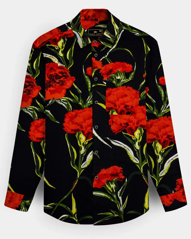Noirrosa-Jade Black And Milano Red Floral Printed Super Soft Premium Cotton Casual Shirt made by French Crown