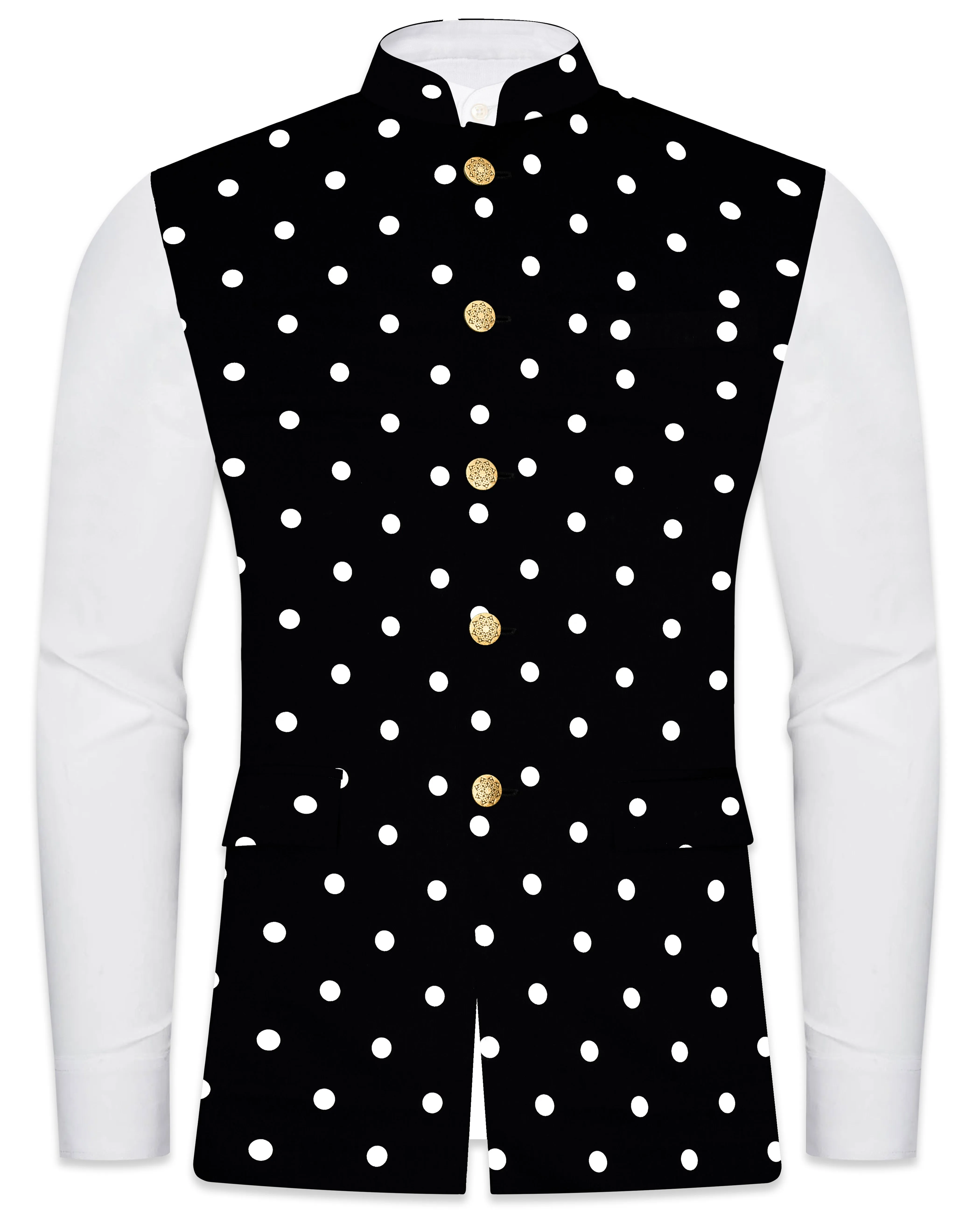 Noirdot-Jade Black Polka Dots Premium Cotton Nehru Jacket sold by French Crown