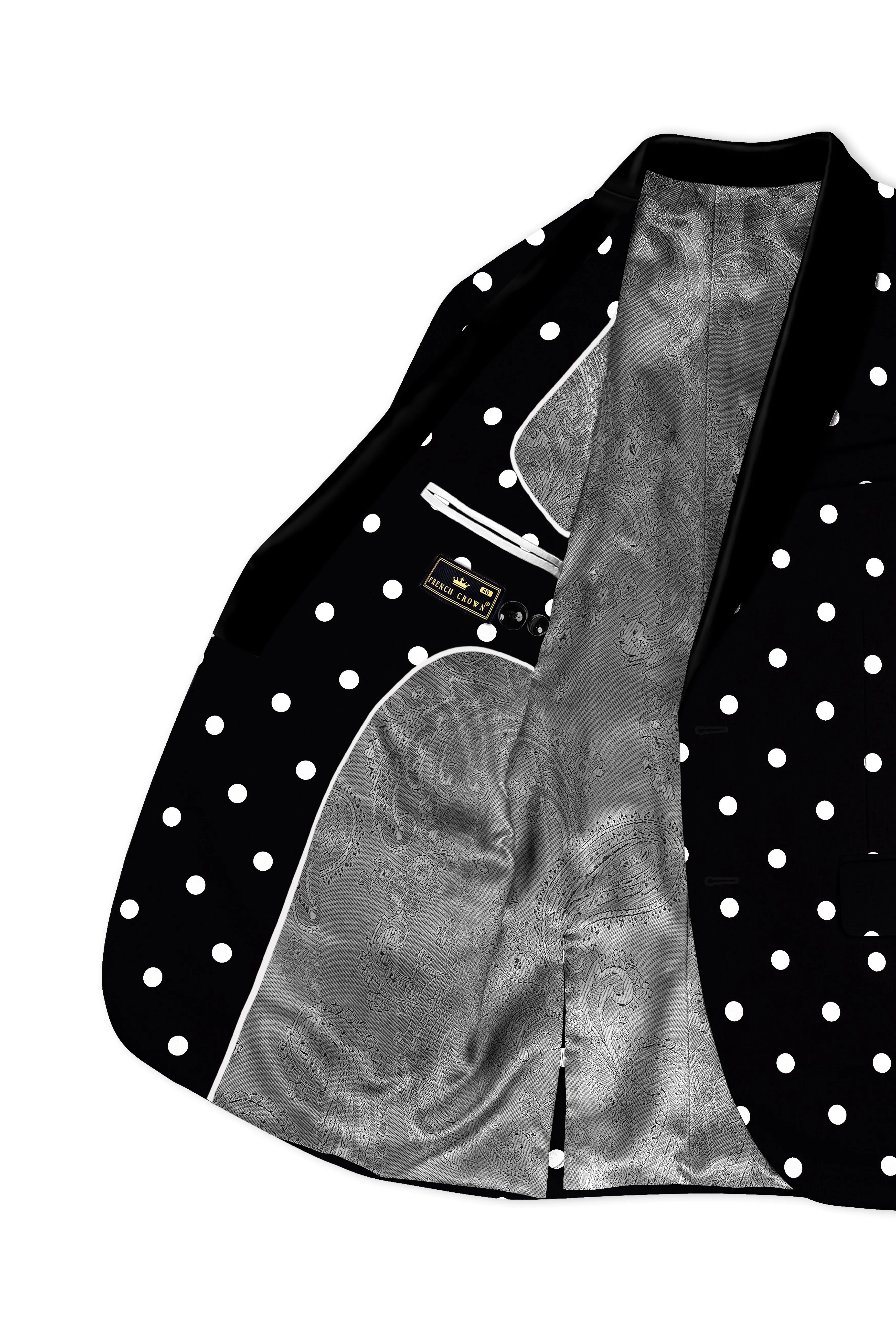 Noirdot-Jade Black Polka Dots Printed Premium Cotton Tuxedo Blazer sold by French Crown product image thumbnail 5