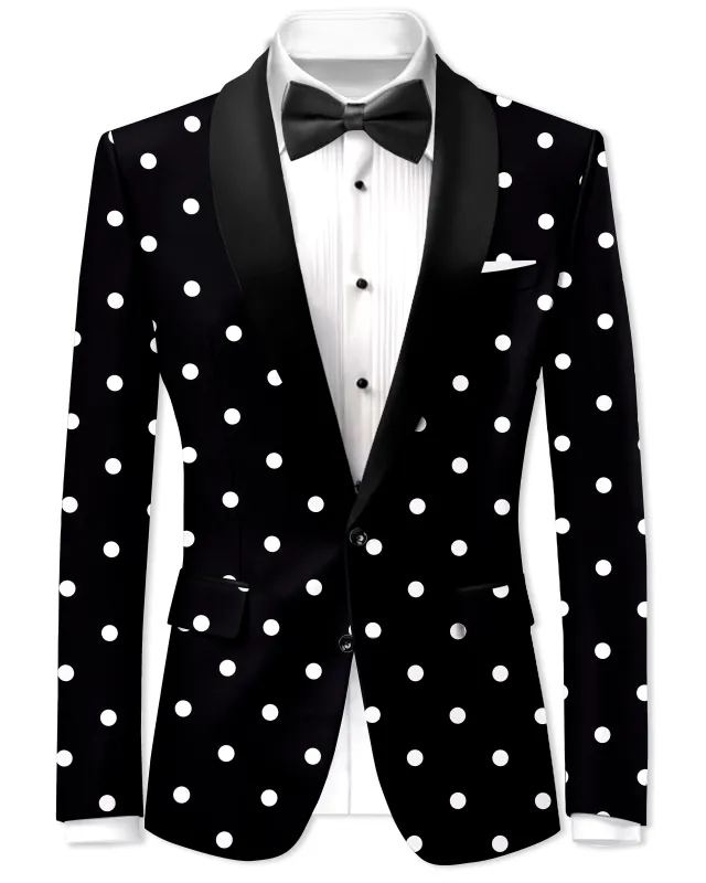 Noirdot-Jade Black Polka Dots Printed Premium Cotton Tuxedo Blazer made by French Crown