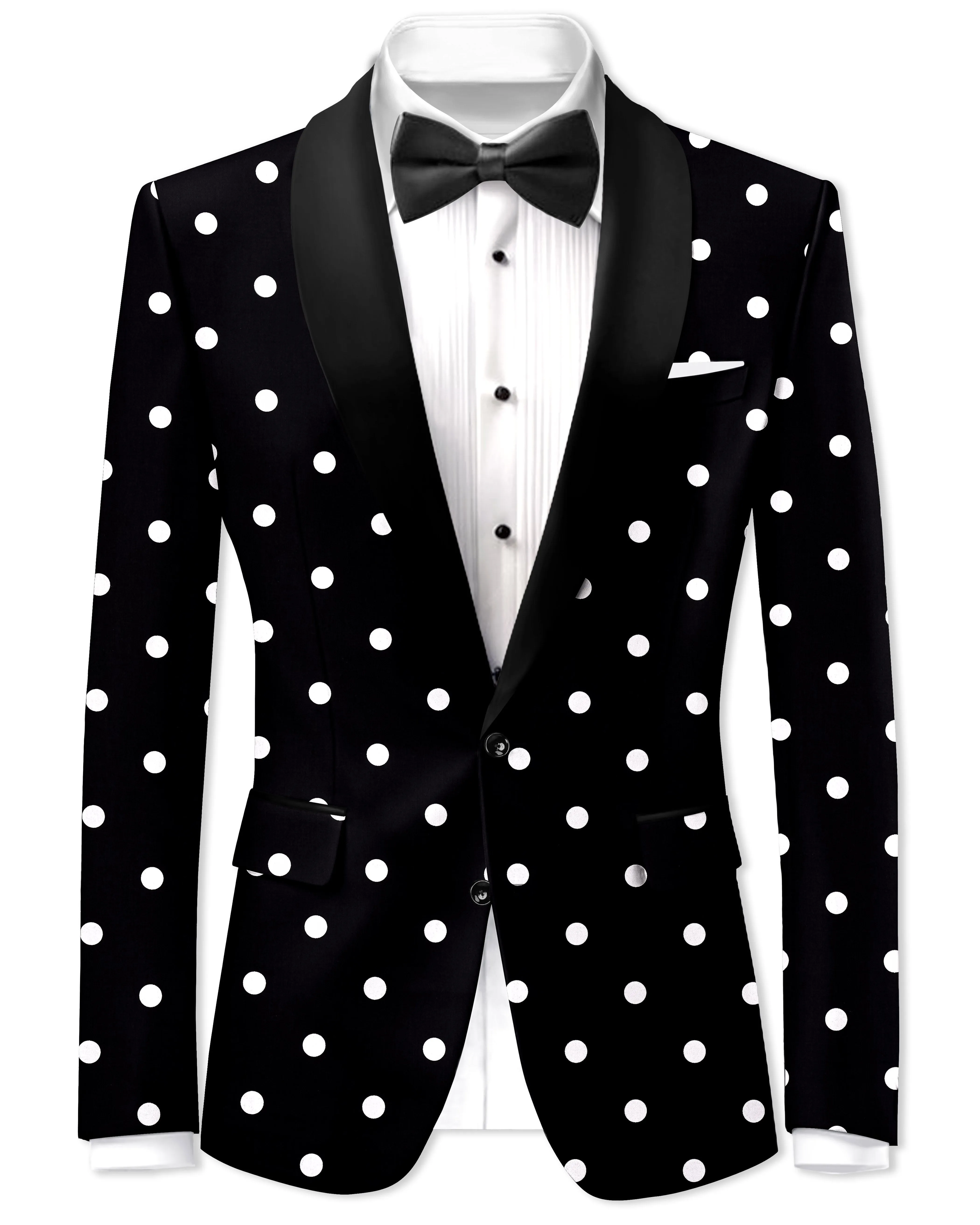 Noirdot-Jade Black Polka Dots Printed Premium Cotton Tuxedo Blazer sold by French Crown
