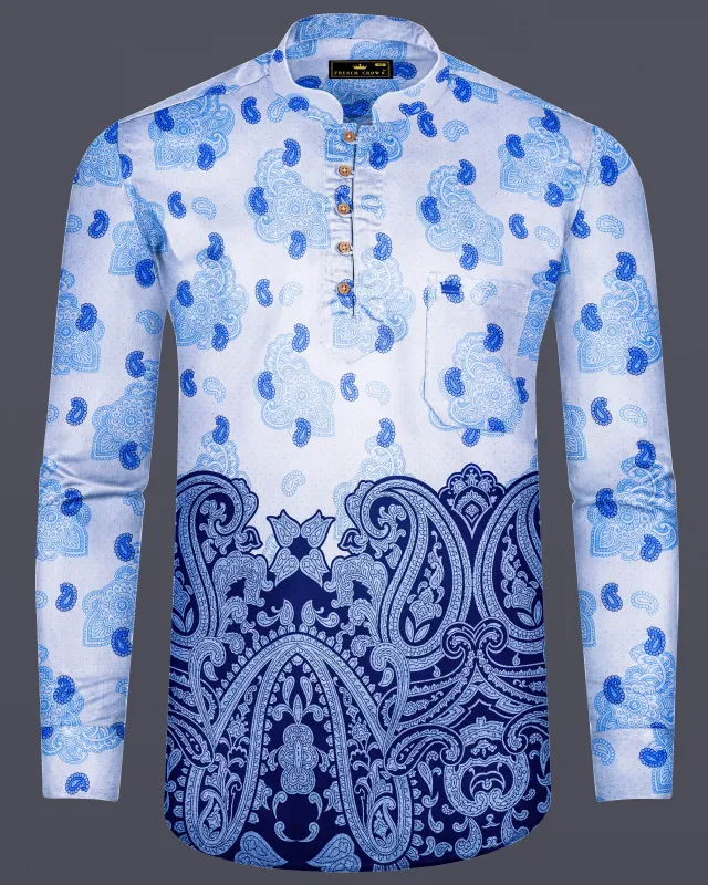 Lilaysh-Periwinkle Blue And Bright White Paisleys Printed Chambray Premium Cotton Casual Kurta Shirt sold by French Crown