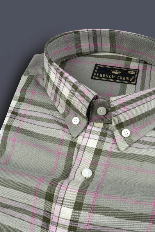 Sandrift Brown with Mondo Green Twill Checkered Premium Cotton Shirt sold by French Crown