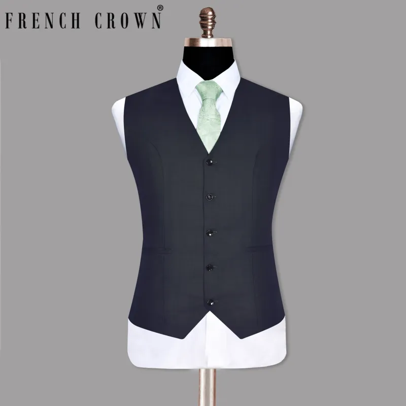 Navy Subtle Windowpane Wool Blend Waistcoat sold by French Crown