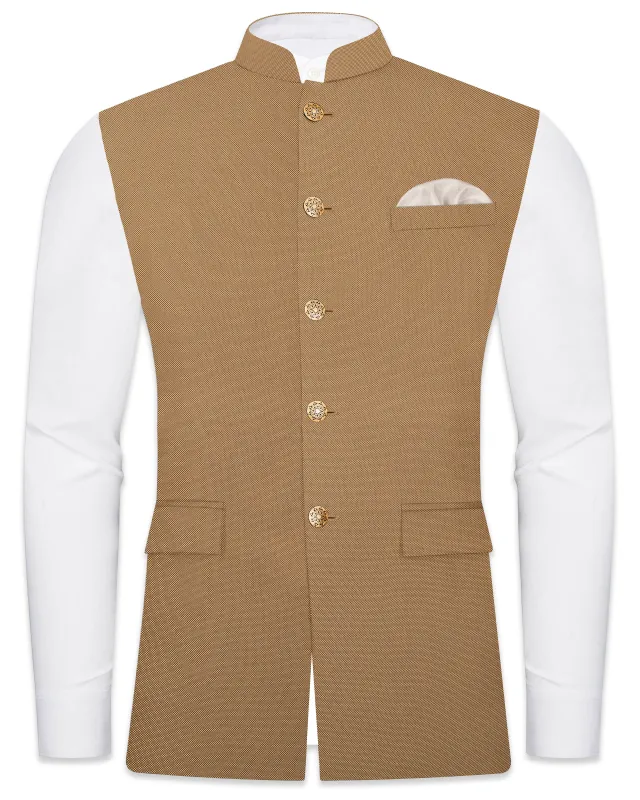 Aurenzo-Muesli Brown Textured Wool Rich Nehru Jacket sold by French Crown