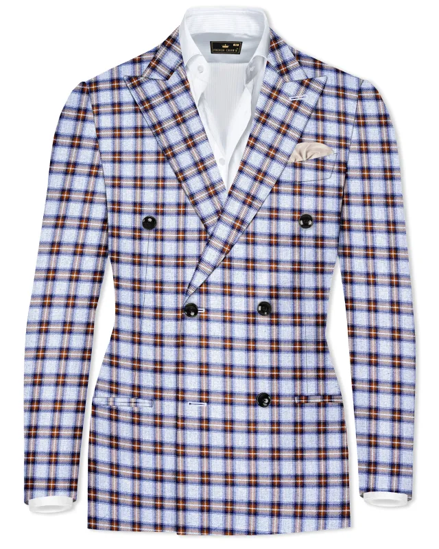 Castaire-Chateau Blue with Cocoa Brown Plaid Wool Rich Double Breasted Blazer sold by French Crown