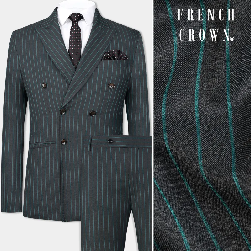Gravel Gray and Lagoon Blue Striped Wool Rich Double Breasted Suit sold by French Crown