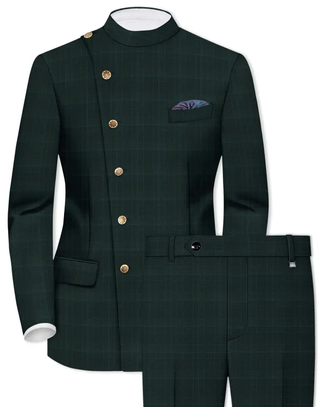 Dune Green Super fine Plaid Woolrich Cross Placket Bandhgala Suit sold by French Crown
