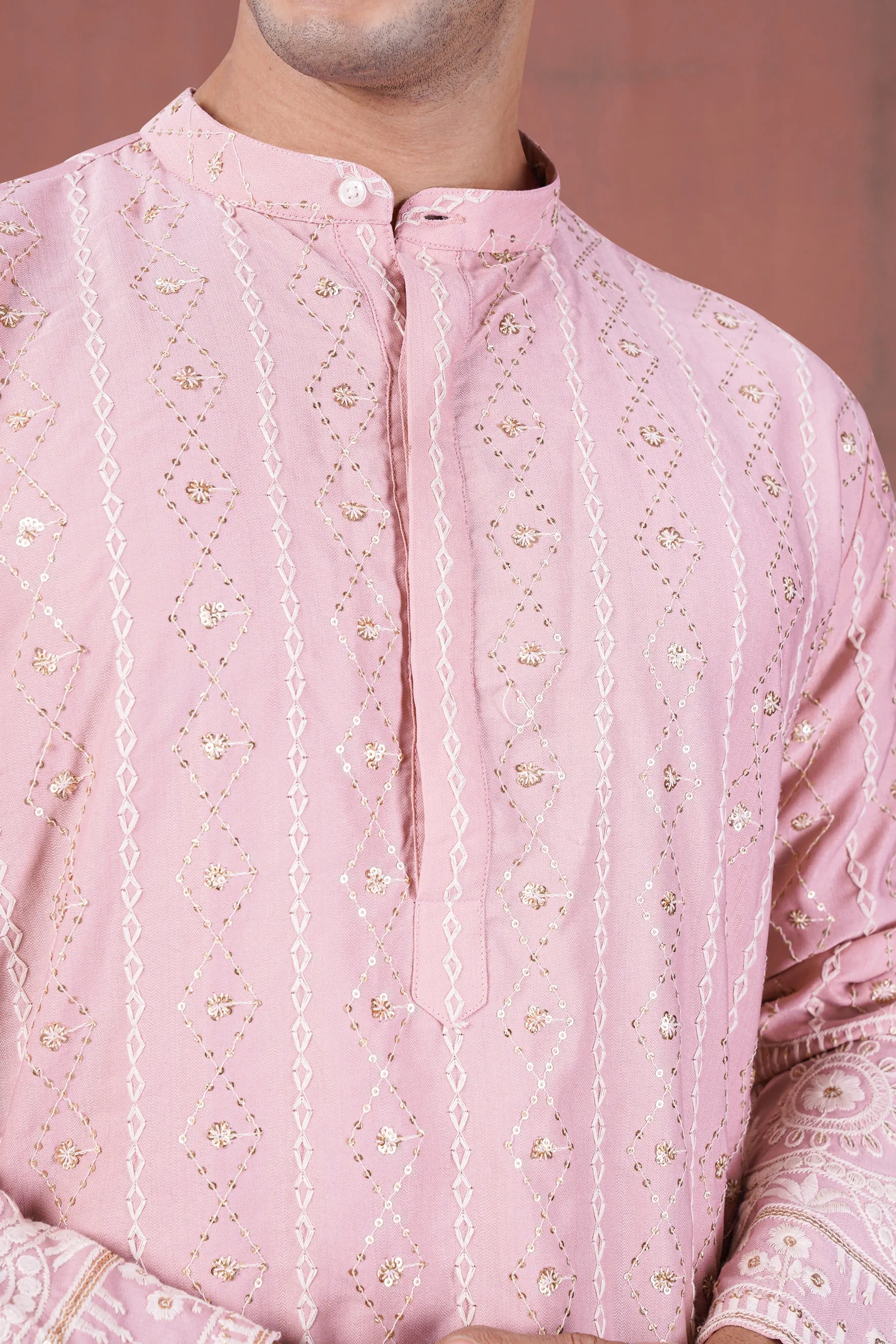 Oyster Pink Embroidered with Sequin Work Viscose Designer Kurta Set sold by French Crown product image thumbnail 4