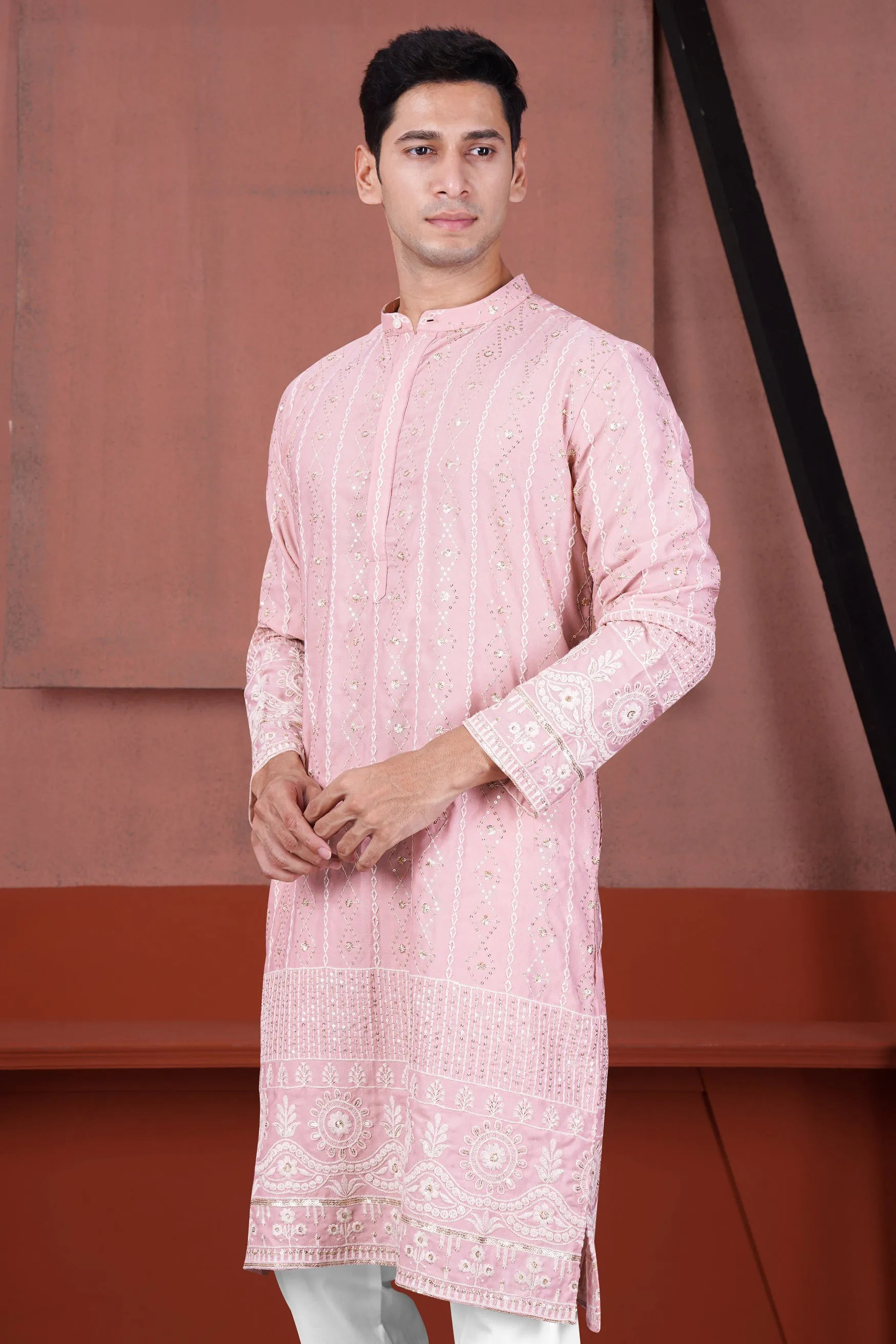 Oyster Pink Embroidered with Sequin Work Viscose Designer Kurta Set sold by French Crown product image thumbnail 5