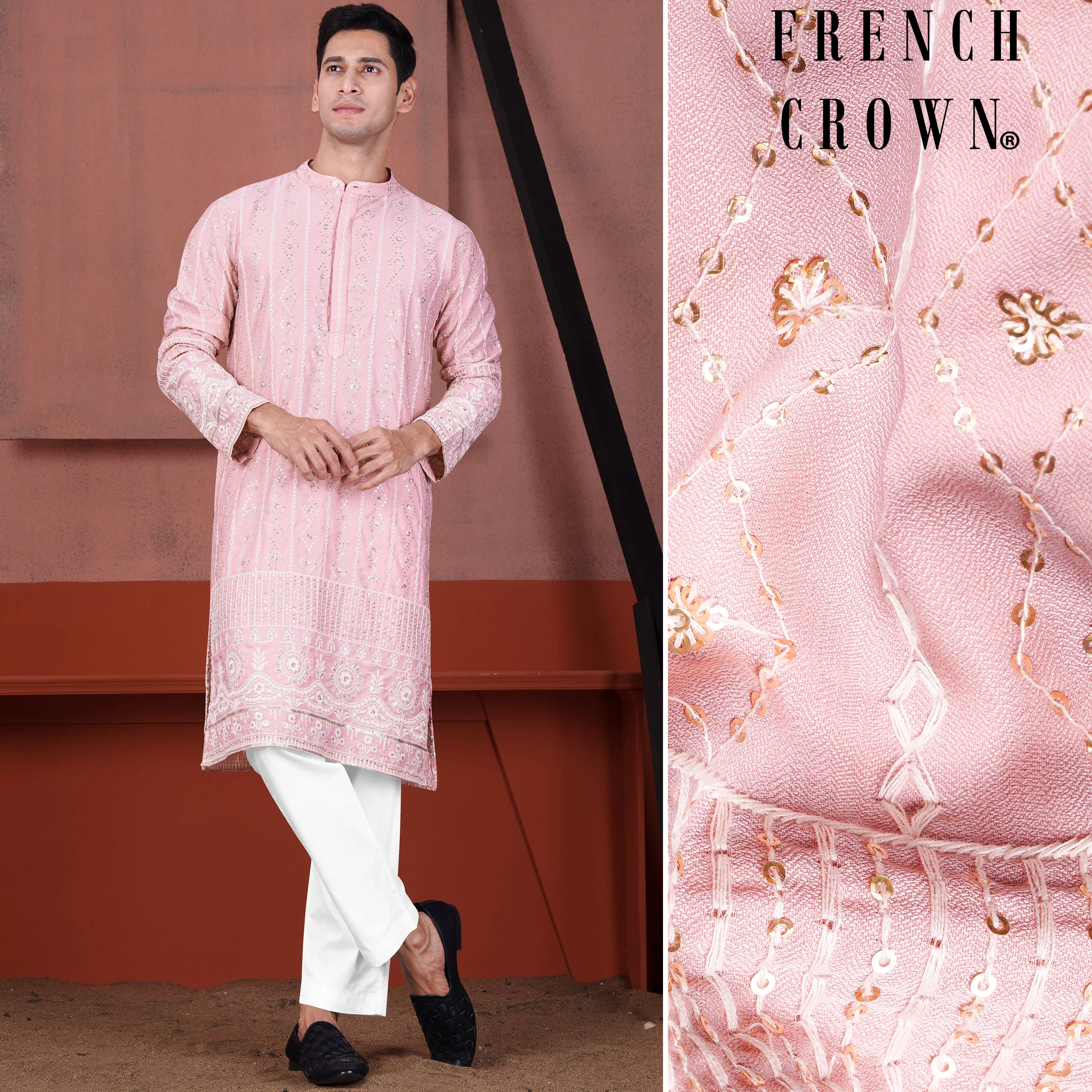 Oyster Pink Embroidered with Sequin Work Viscose Designer Kurta Set sold by French Crown