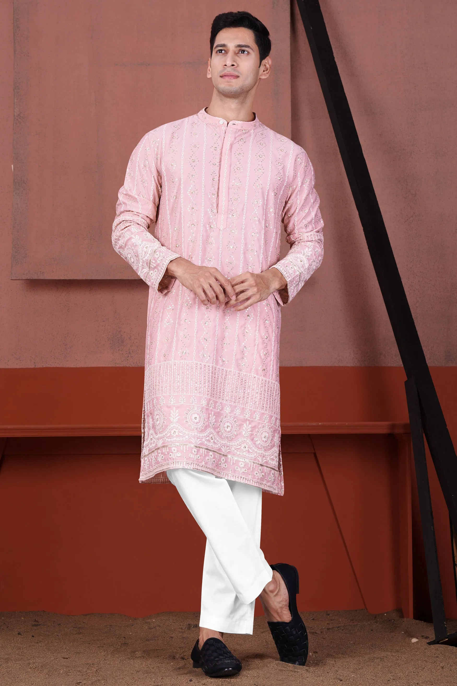 Oyster Pink Embroidered with Sequin Work Viscose Designer Kurta Set sold by French Crown product image thumbnail 2