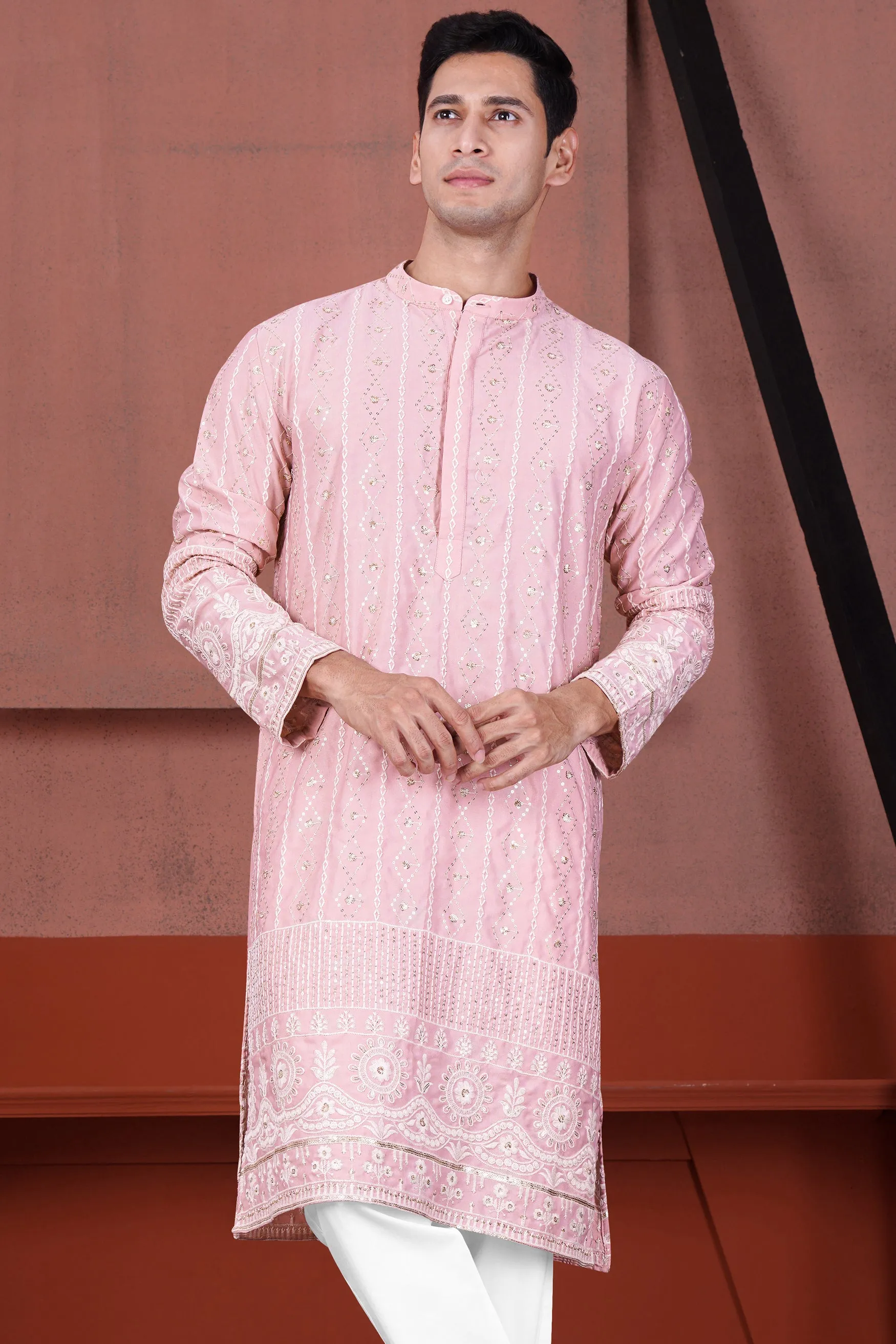 Oyster Pink Embroidered with Sequin Work Viscose Designer Kurta sold by French Crown product image thumbnail 2