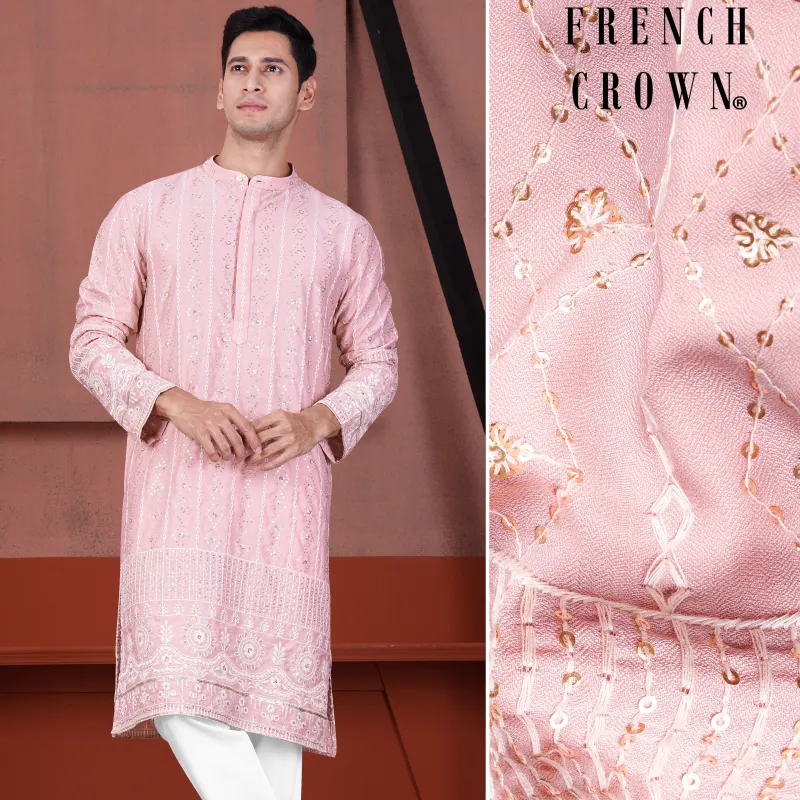 Oyster Pink Embroidered with Sequin Work Viscose Designer Kurta made by French Crown