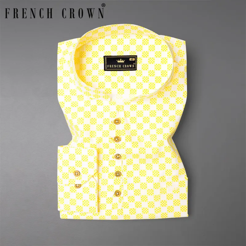 Custard Yellow with Bright White Square Printed Premium Cotton Kurta Shirt sold by French Crown