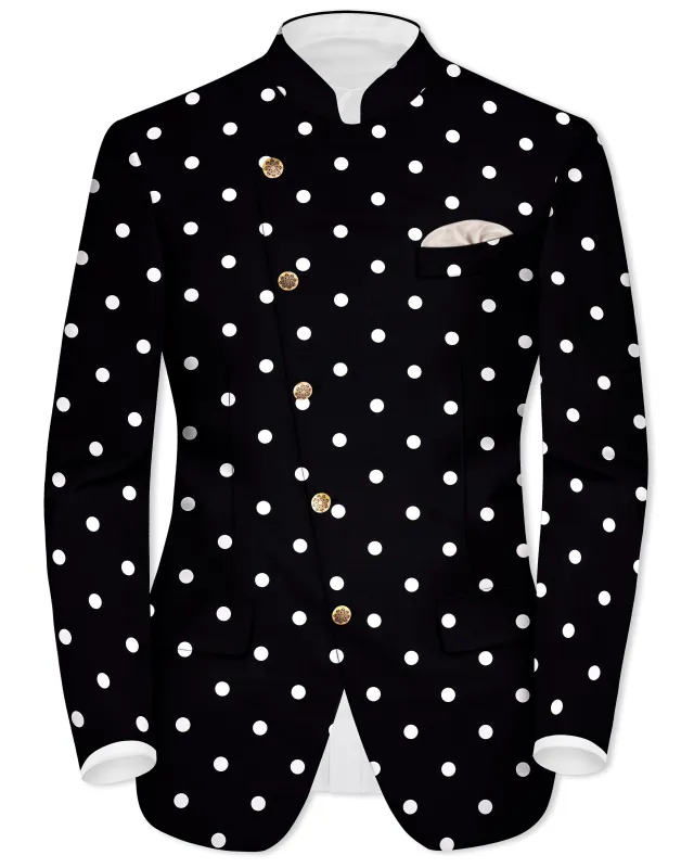 Jade Black Polka Print Cross Placket Bandhgala/Mandarin Blazer sold by French Crown