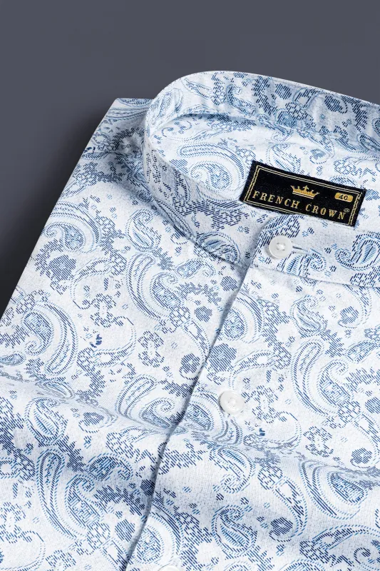 Bright White and Twilight Blue Paisley Printed Subtle Sheen Super Soft Premium Cotton Shirt sold by French Crown
