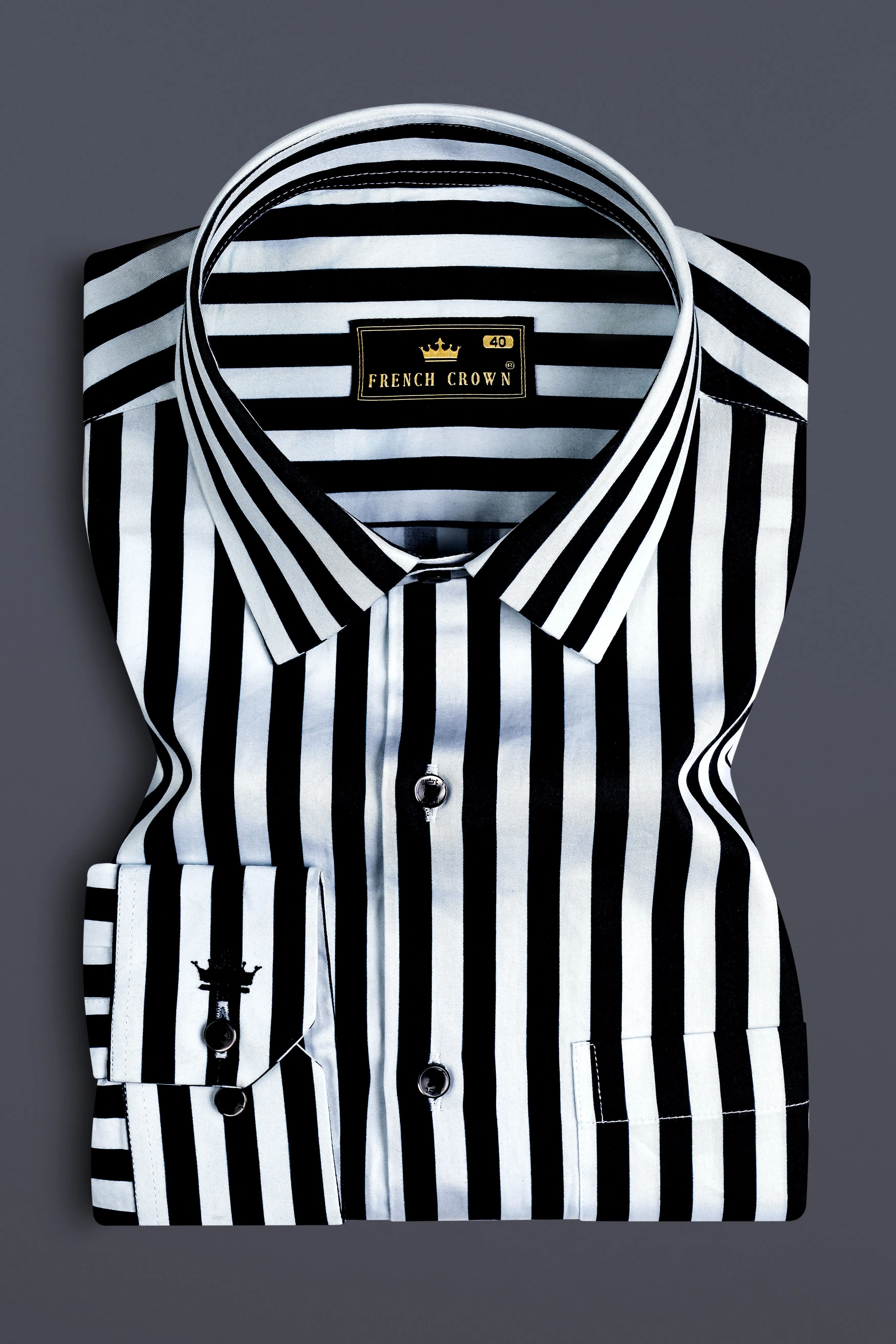 Korean Black And Bright White Stripes Subtle Sheen Super Soft Premium Cotton Shirt sold by French Crown product image thumbnail 4