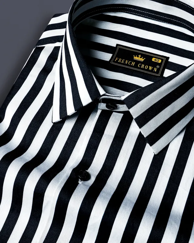 Korean Black And Bright White Stripes Subtle Sheen Super Soft Premium Cotton Shirt made by French Crown