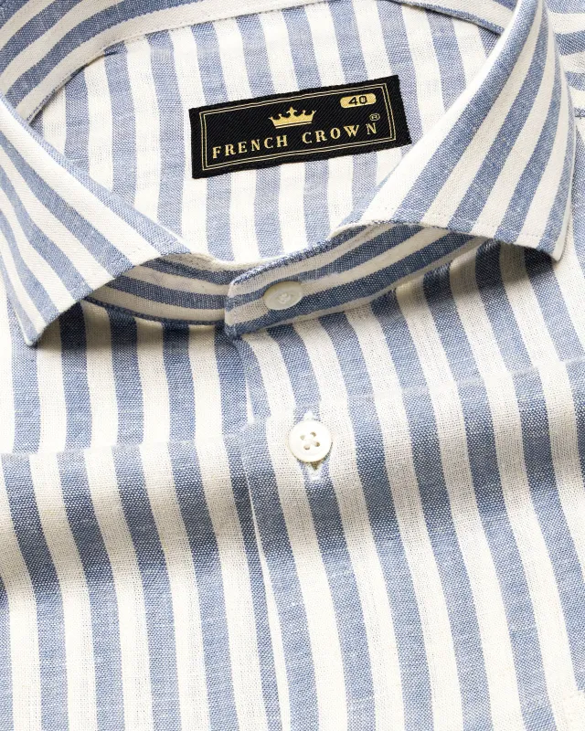 Heather Blue and Off White Striped Luxurious Linen Shirt sold by French Crown