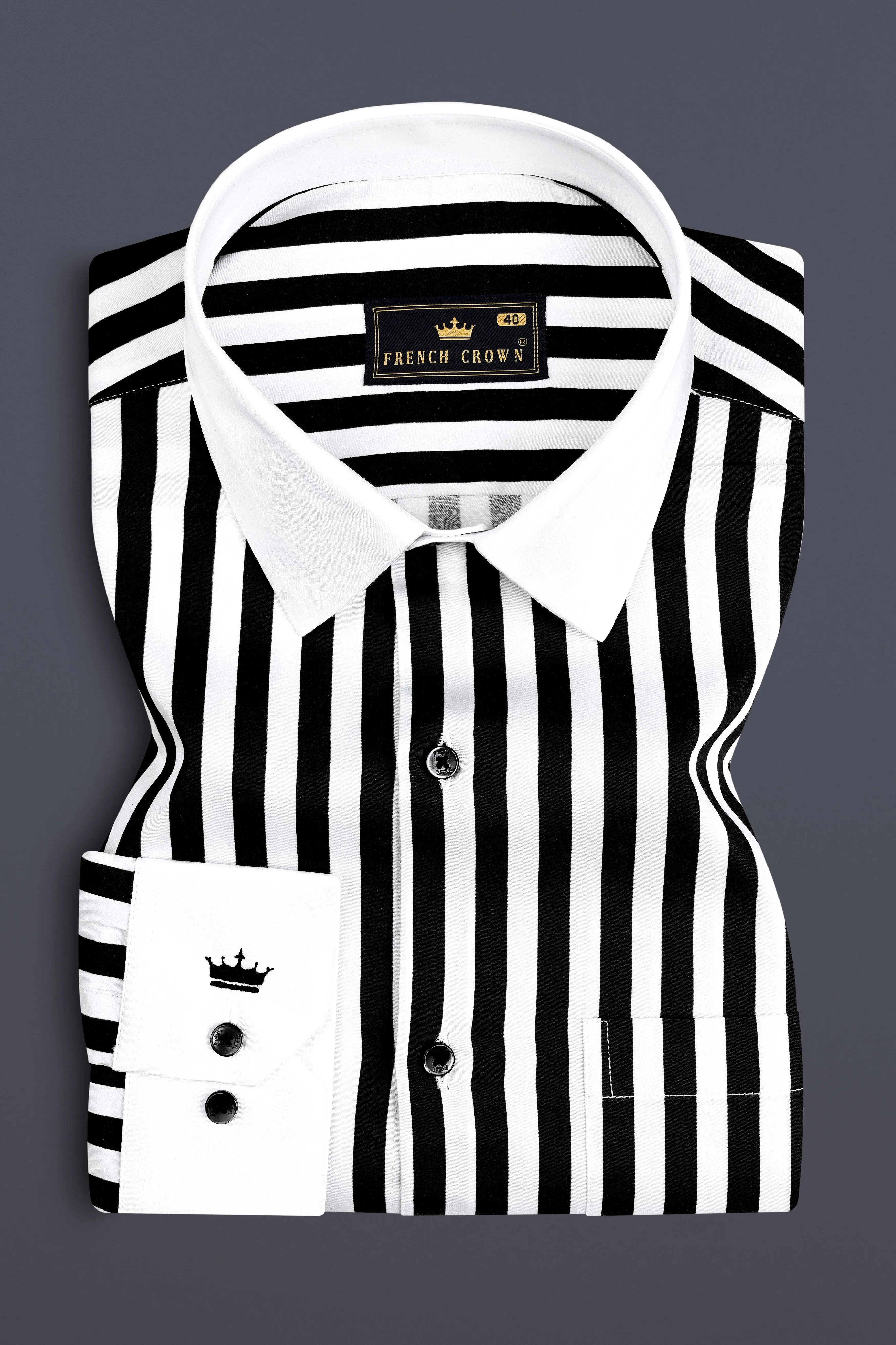 Jade Black And Bright White Stripes White Cuffs and Collar Subtle Sheen Super Soft Premium Cotton Designer Shirt sold by French Crown product image thumbnail 2