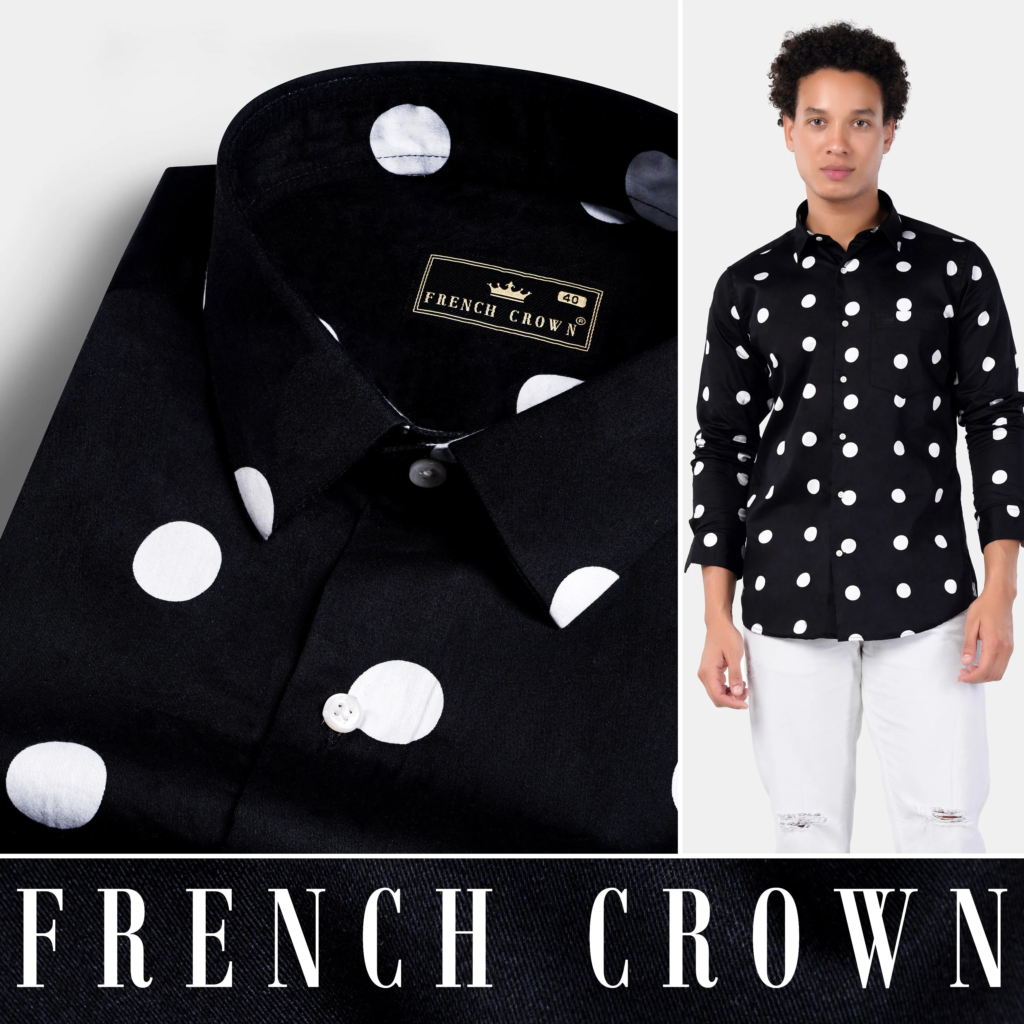 Jade Black and White Polka Dots Premium Cotton Shirt sold by French Crown product image thumbnail 4