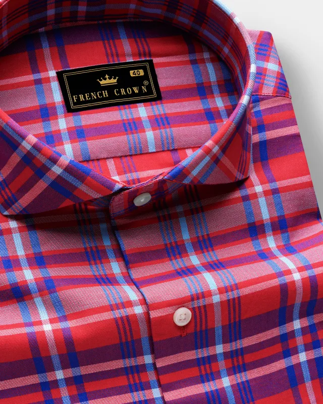 Rublen-Shiraz Red And Torea Bay Blue Plaid Twill Premium Cotton Casual Shirt sold by French Crown